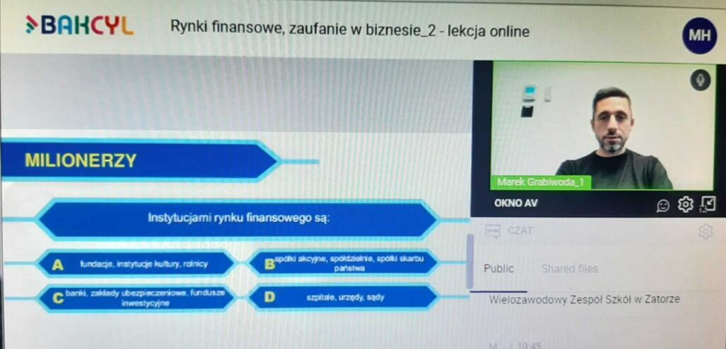 W dniu dzisiejszym uczniowie klasy 2h wzięli udział w lekcji online zorganizowanej przez Panią Magdalenę Haładyj pod nazwą „Rynek finansowy- zaufanie w biznesie” z projektu BAKCYL 💰📈📊