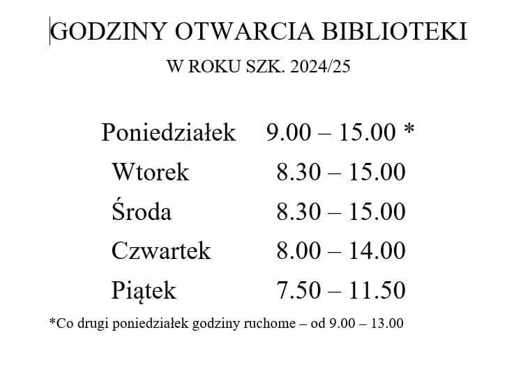 Nowe godziny otwarcia biblioteki szkolnej.