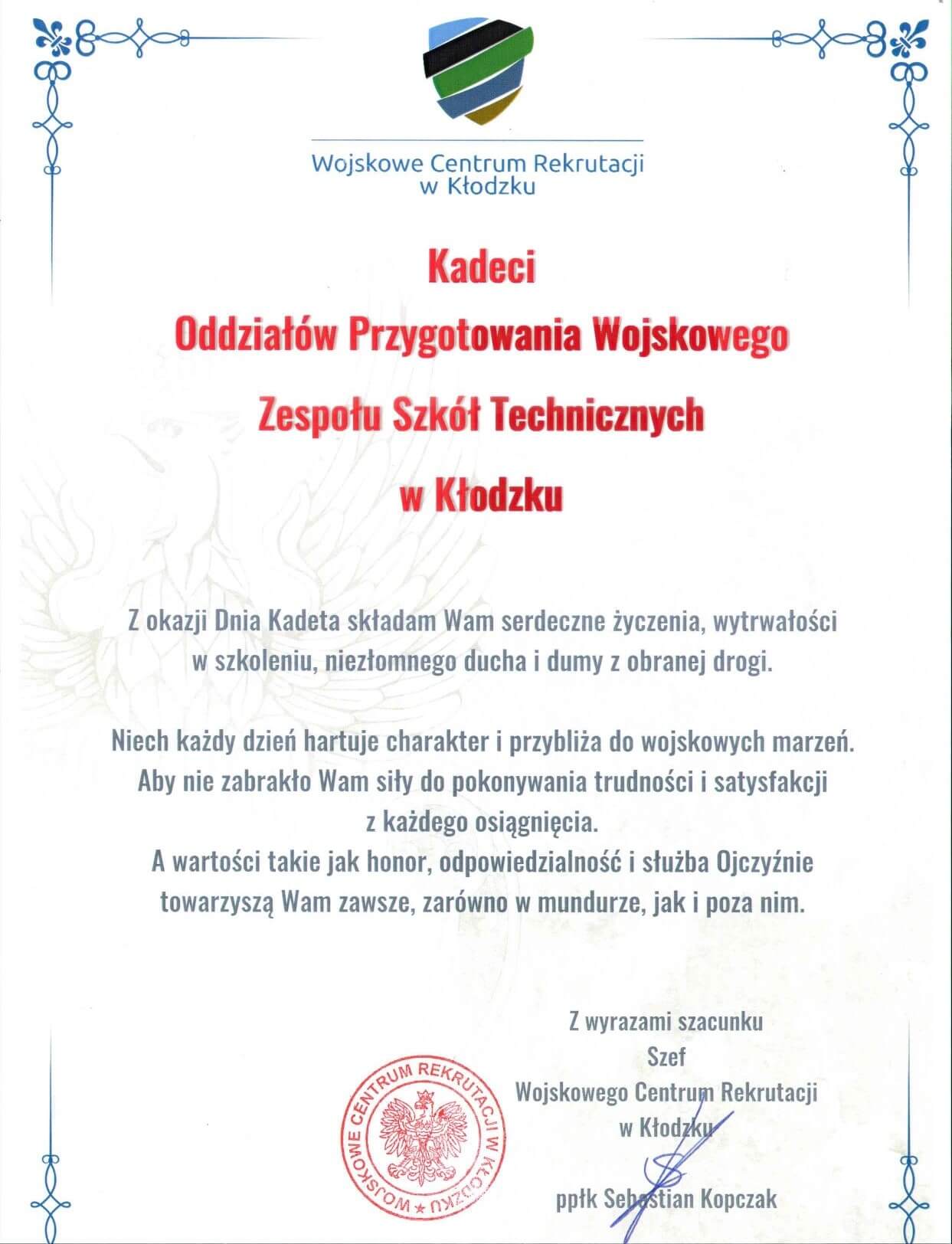 Życzenia z okazji Dnia Kadeta